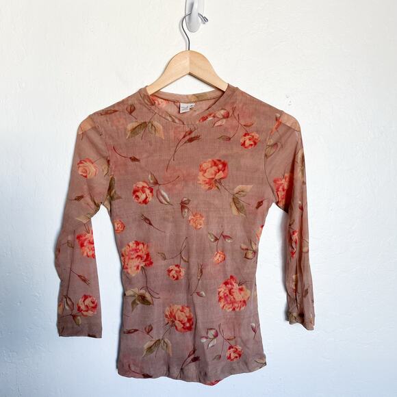 Vintage Sweet Pea Top Medium Mesh Y2K Floral Leaves Tan Fall Tan - Picture 1 of 5